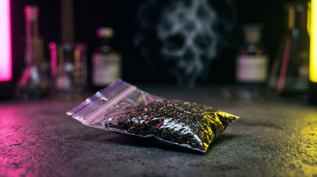 Small bag of synthetic cannabis (Spice/K2) with a chemical sheen under pink neon lighting, next to laboratory equipment, representing its toxicity compared to natural cannabis