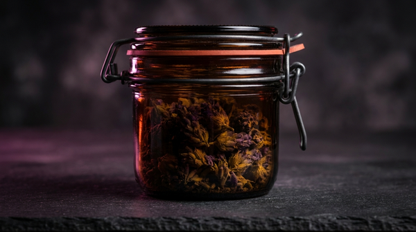 Tarro de cristal hermético para conservar hierba seca, con la flor visible dentro, en fondo oscuro con acentos rosas - Beetle Print