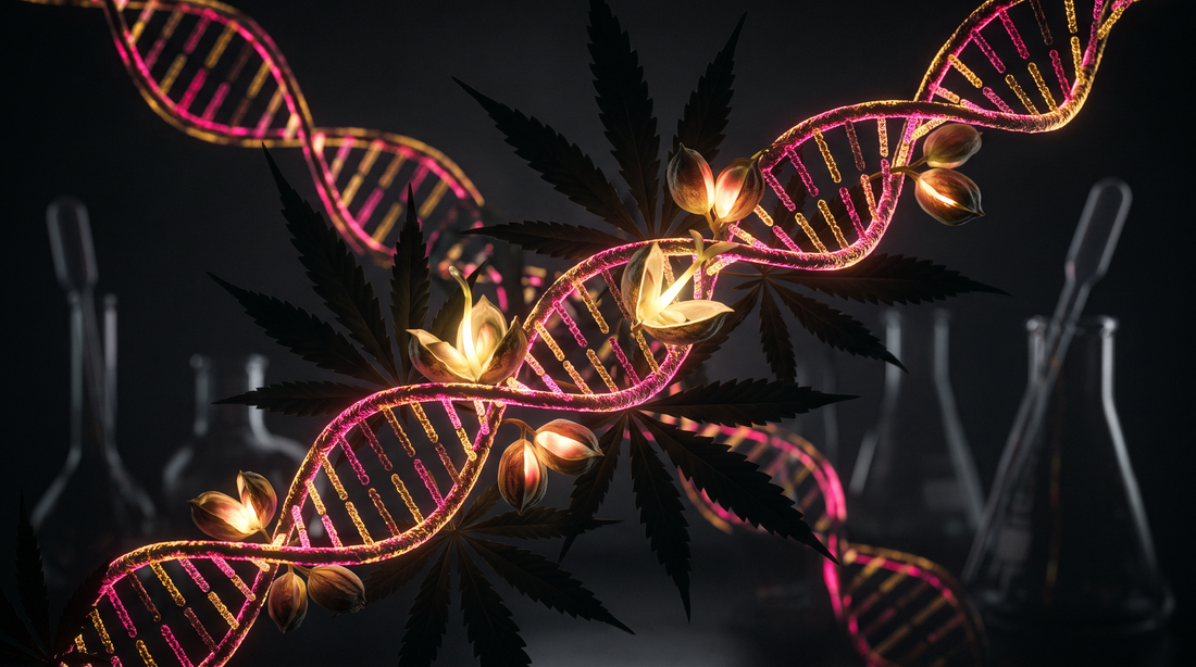 Scientific illustration about cannabis genetics and how a cannabis strain is created