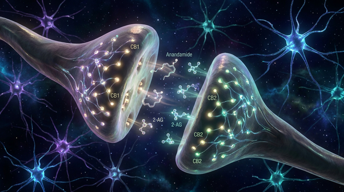 Endocannabinoid system CB1 CB2 receptors anandamide 2-AG neural synapse diagram