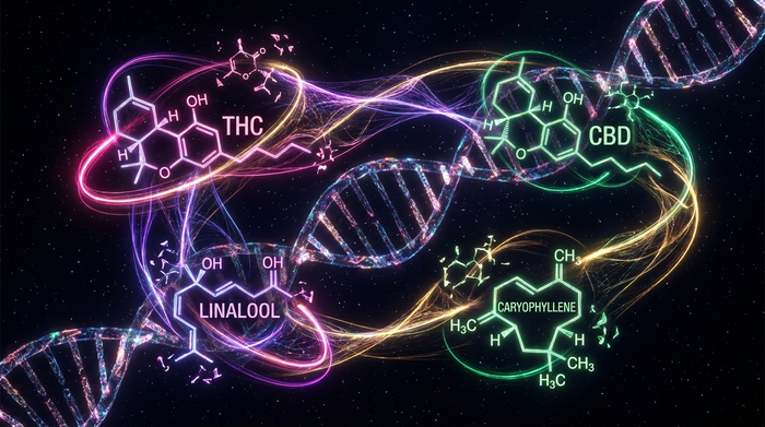 The Entourage Effect: scientific visualization of cannabinoids and terpenes in bioluminescent synergy
