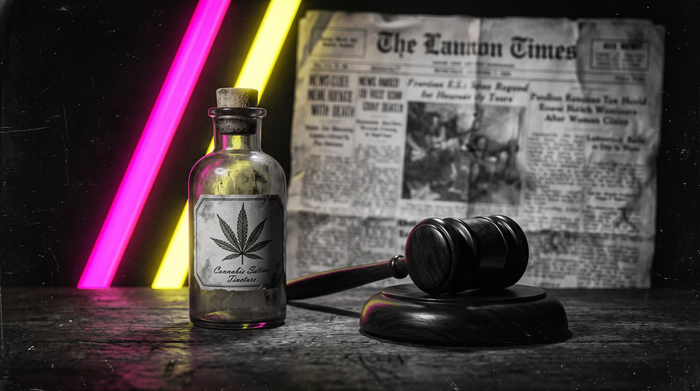 Vintage pharmacy bottle with a cannabis leaf next to a judge's gavel, with a blurred vintage newspaper in the background, representing the history of cannabis prohibition