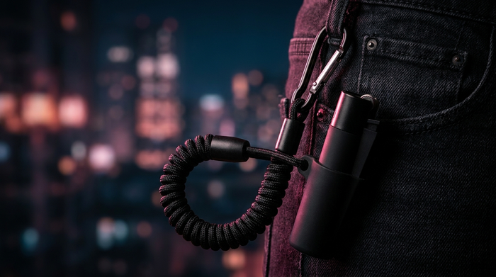Lighter leash retráctil negro con mosquetón enganchado a un mechero Clipper, picamechero anti-pérdidas Beetle Print