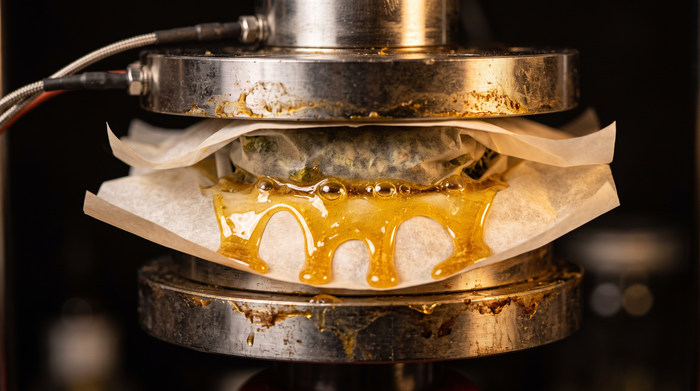 Handwerklich gepresstes Rosin ohne chemische Lösungsmittel, Nahaufnahme von goldenem Harz