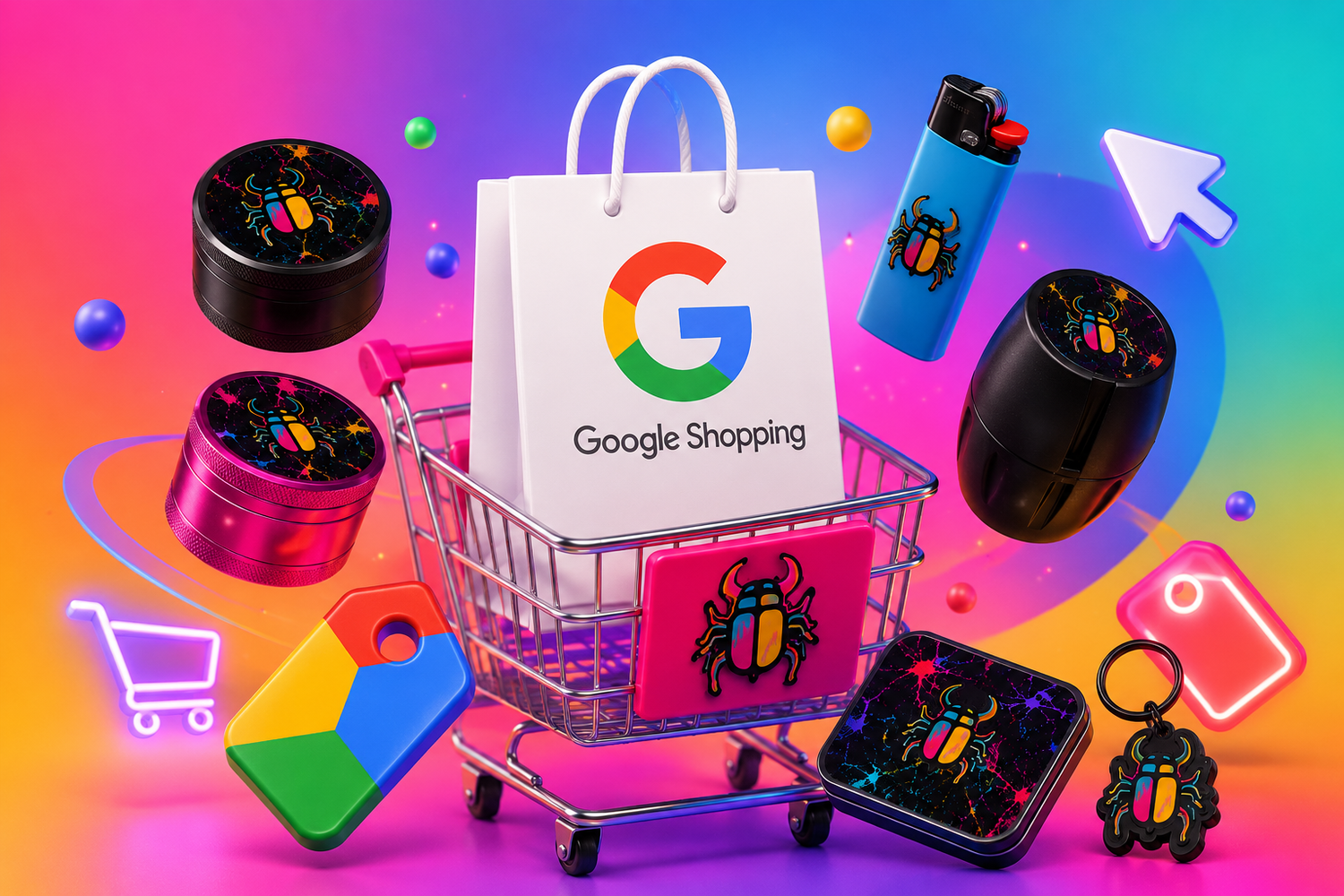 Coleccion Google Shopping Beetle Print con accesorios premium coloridos y estilo neon