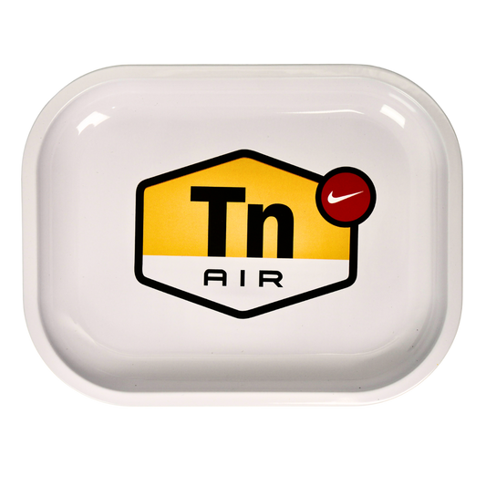 Bandeja de liar blanca con diseño estilo logo urbano, superficie amplia para organizar tabaco y accesorios