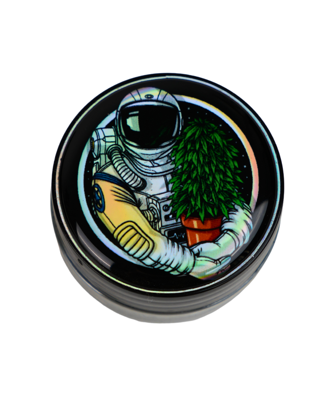 Tarro de cristal Beetle Print de 5 ml con base negra y tapa de vinilo brillante con un astronauta sosteniendo una planta en una maceta.