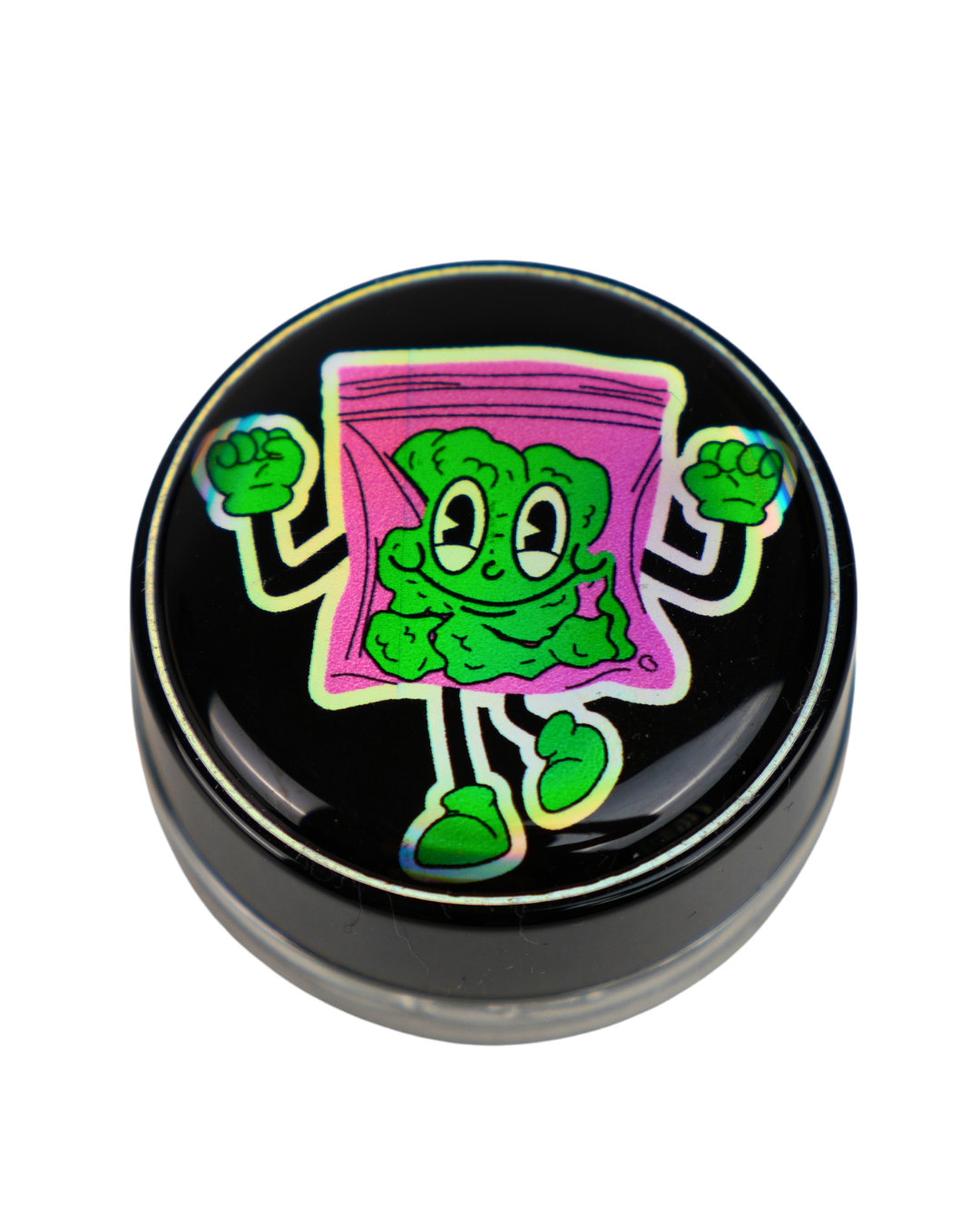 Tarro de cristal Beetle Print de 5 ml con base negra y tapa de vinilo brillante con un personaje verde de estilo cartoon dentro de una bolsa.