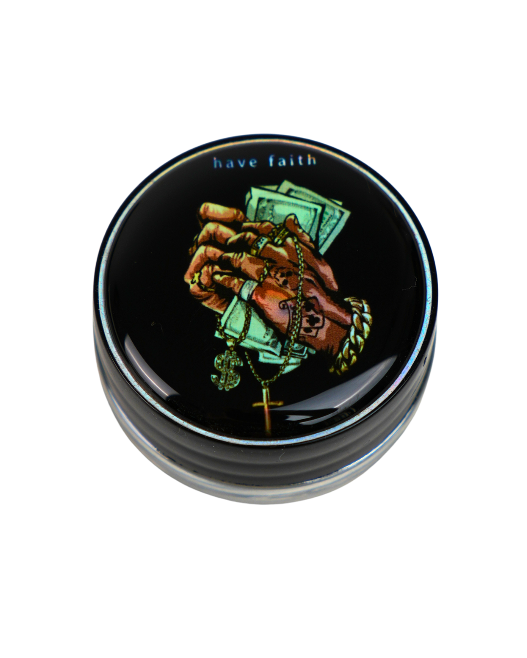 Tarro de cristal Beetle Print de 5 ml con base negra y tapa de vinilo brillante con una mano sujetando billetes, joyas y el mensaje "Have Faith".