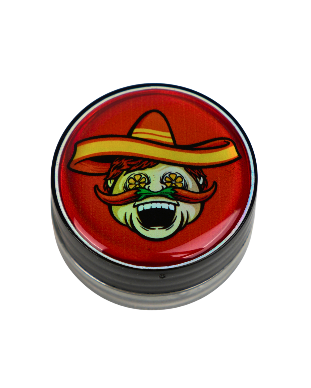 Tarro de cristal Beetle Print de 5 ml con base negra y tapa de vinilo brillante con personaje cartoon de sombrero mexicano y bigote.