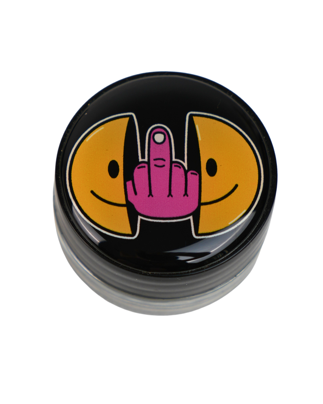 Tarro de cristal Beetle Print de 5 ml con base negra y tapa de vinilo brillante con diseño de cara sonriente dividida y gesto rebelde.