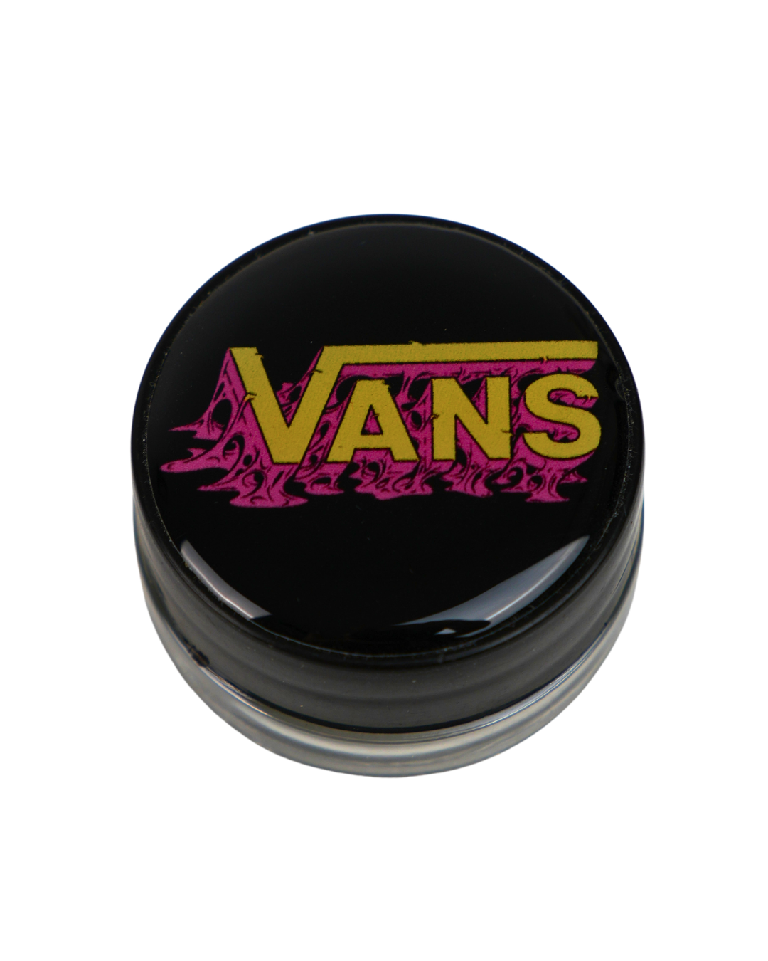 Tarro de cristal Beetle Print de 5 ml con base negra y tapa de vinilo brillante con logotipo de estilo skate en colores amarillo y rosa.