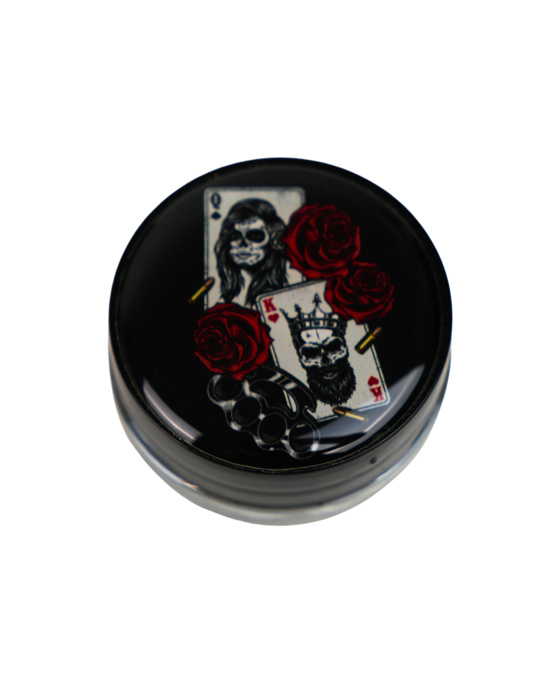 Tarro de cristal Beetle Print de 5 ml con base negra y tapa de vinilo brillante con cartas de póker, calaveras y rosas rojas.