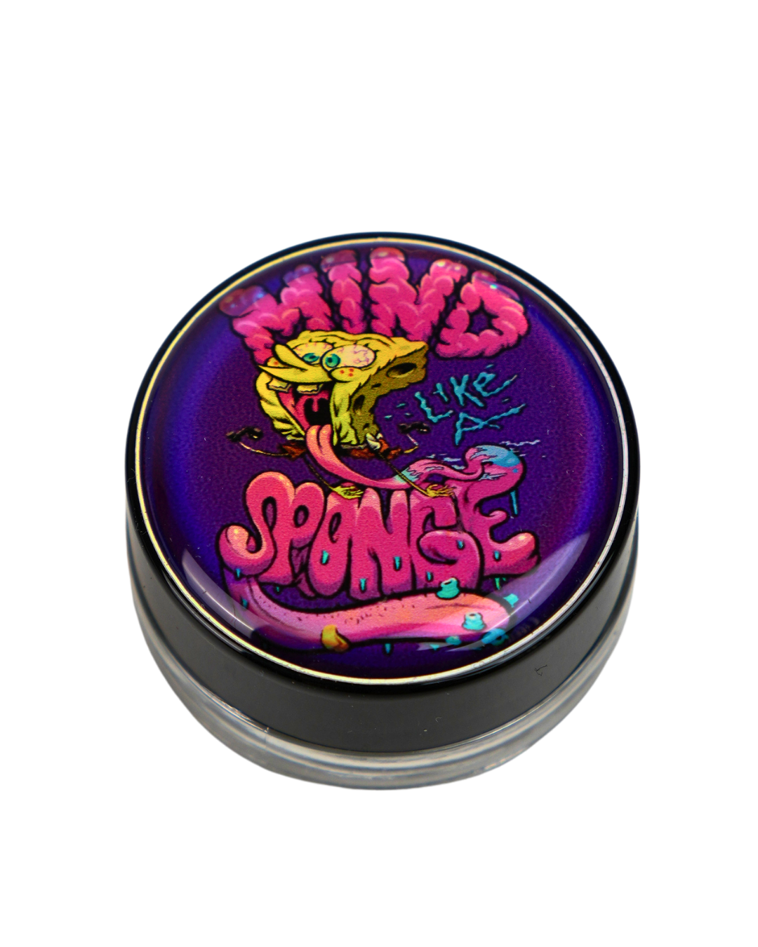 Tarro de cristal Beetle Print de 5 ml con base negra y tapa de vinilo brillante con ilustración estilo graffiti inspirada en una esponja caricaturesca.