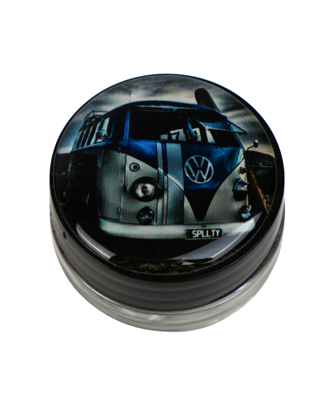 Tarro de cristal Beetle Print de 5 ml con base negra y tapa de vinilo brillante con una furgoneta clásica Volkswagen de estilo camper.
