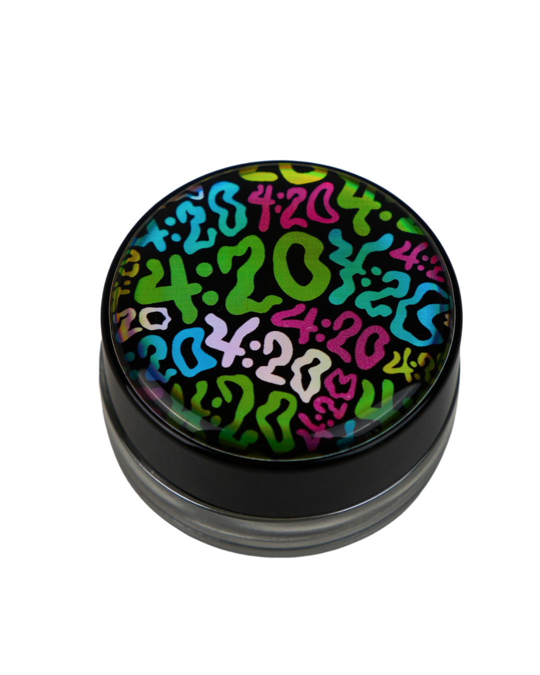 Tarro de cristal Beetle Print de 5 ml con base negra y tapa de vinilo holográfico con diseño 4:20 multicolor.