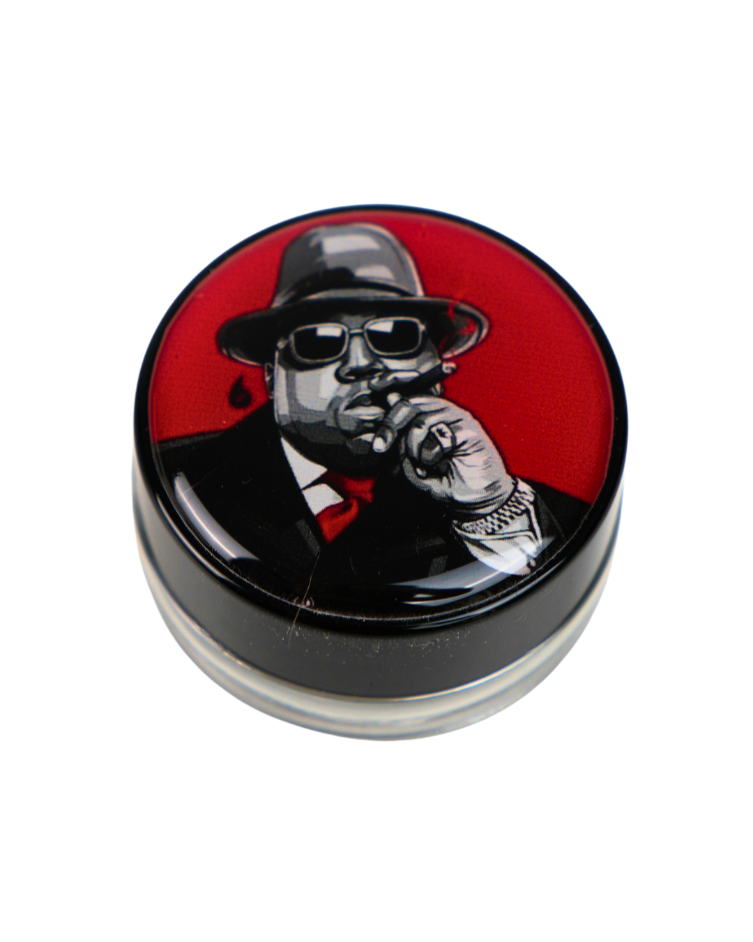 Tarro de cristal Beetle Print de 5 ml con base negra y tapa de vinilo holográfico con ilustración inspirada en Biggie Smalls.