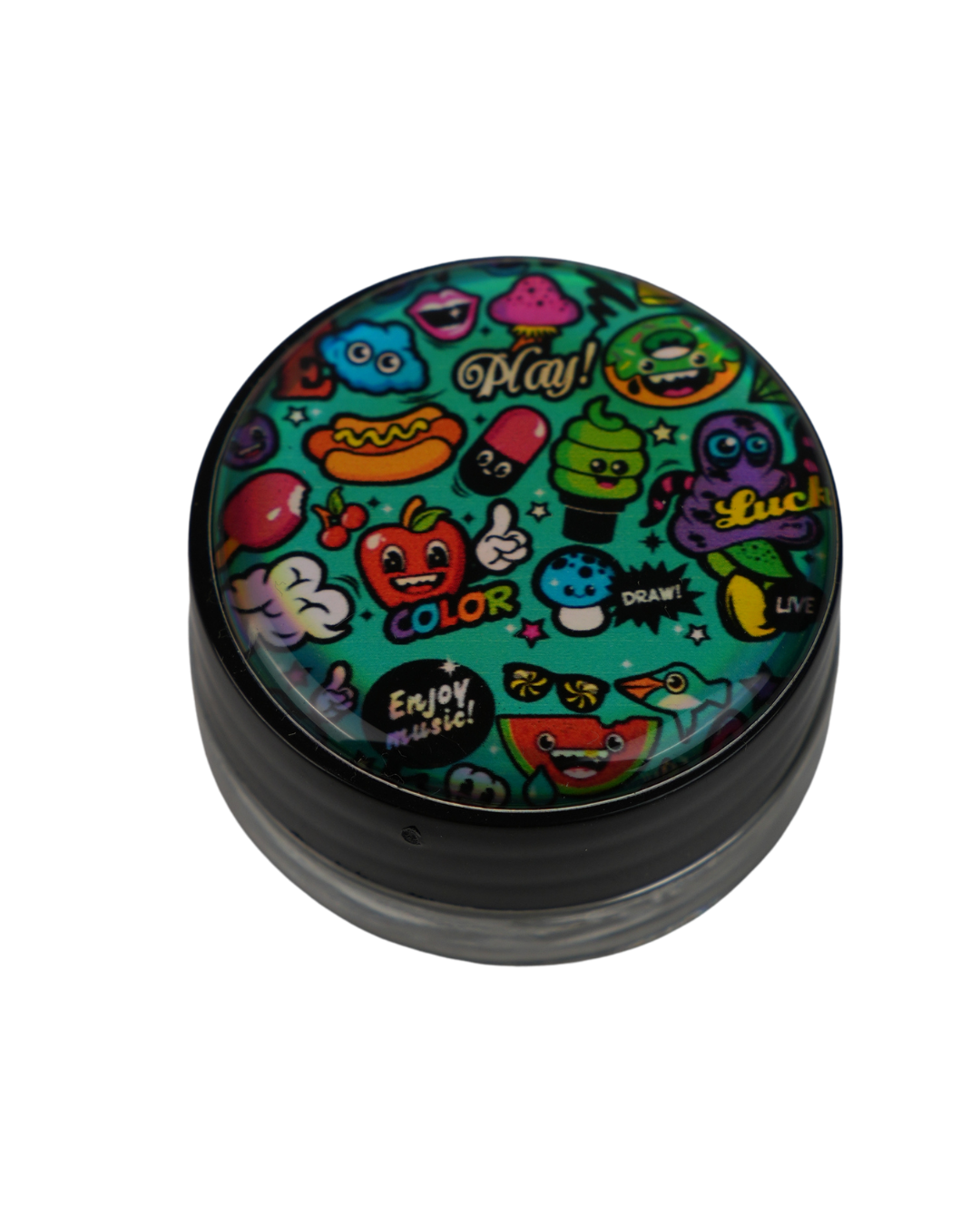 Tarro de cristal Beetle Print de 5 ml con base negra y tapa de vinilo holográfico con diseño de personajes y dibujos divertidos.