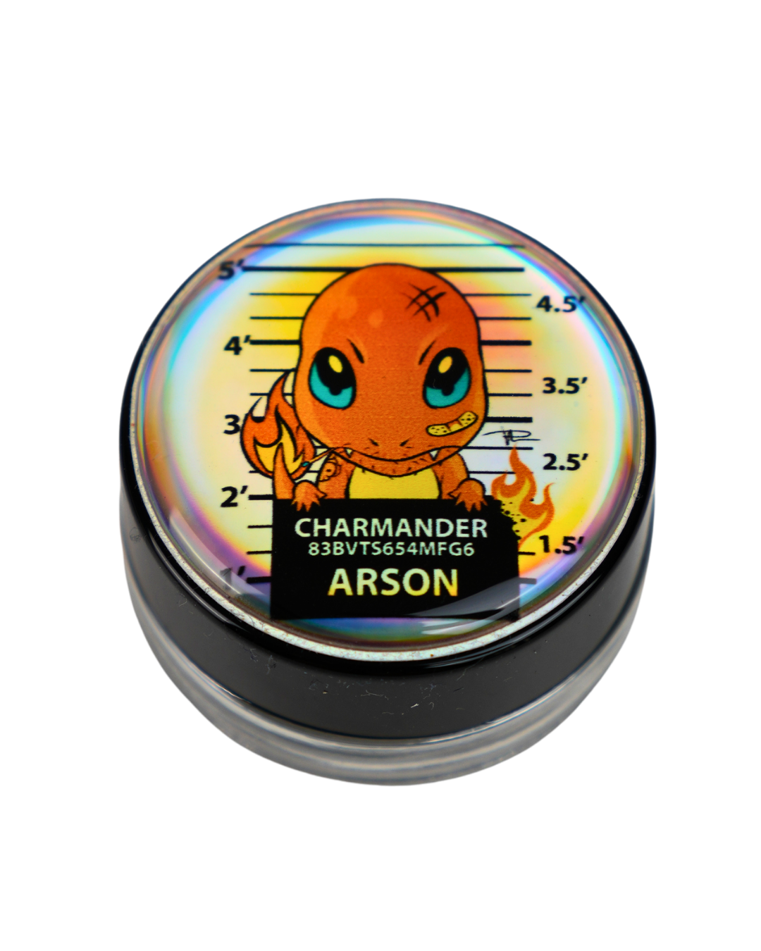 Tarro de cristal Beetle Print de 5 ml con base negra y tapa de vinilo holográfico con ilustración estilo mugshot inspirada en Charmander.