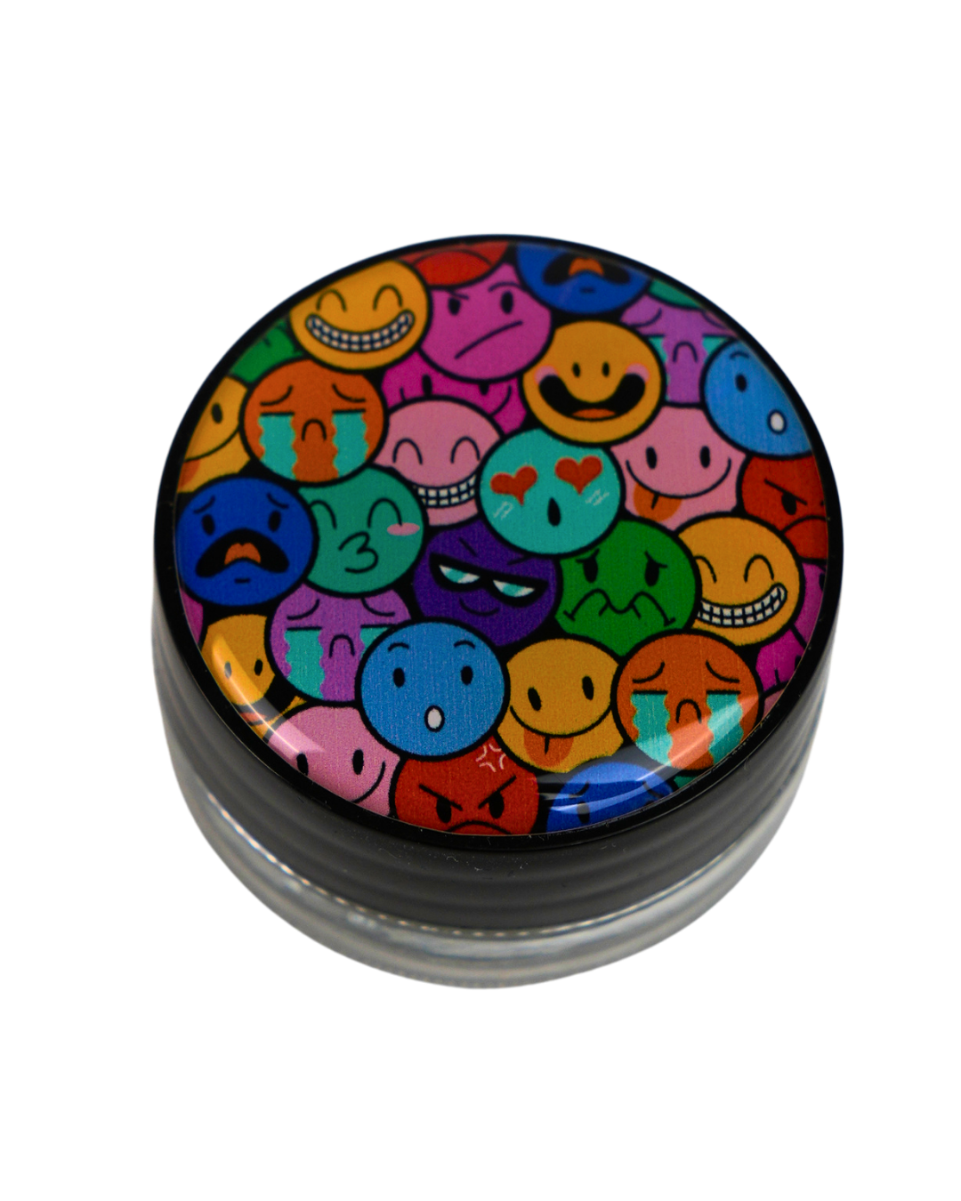 Tarro de cristal Beetle Print de 5 ml con base negra y tapa de vinilo holográfico con un colorido patrón de emojis de diferentes expresiones.
