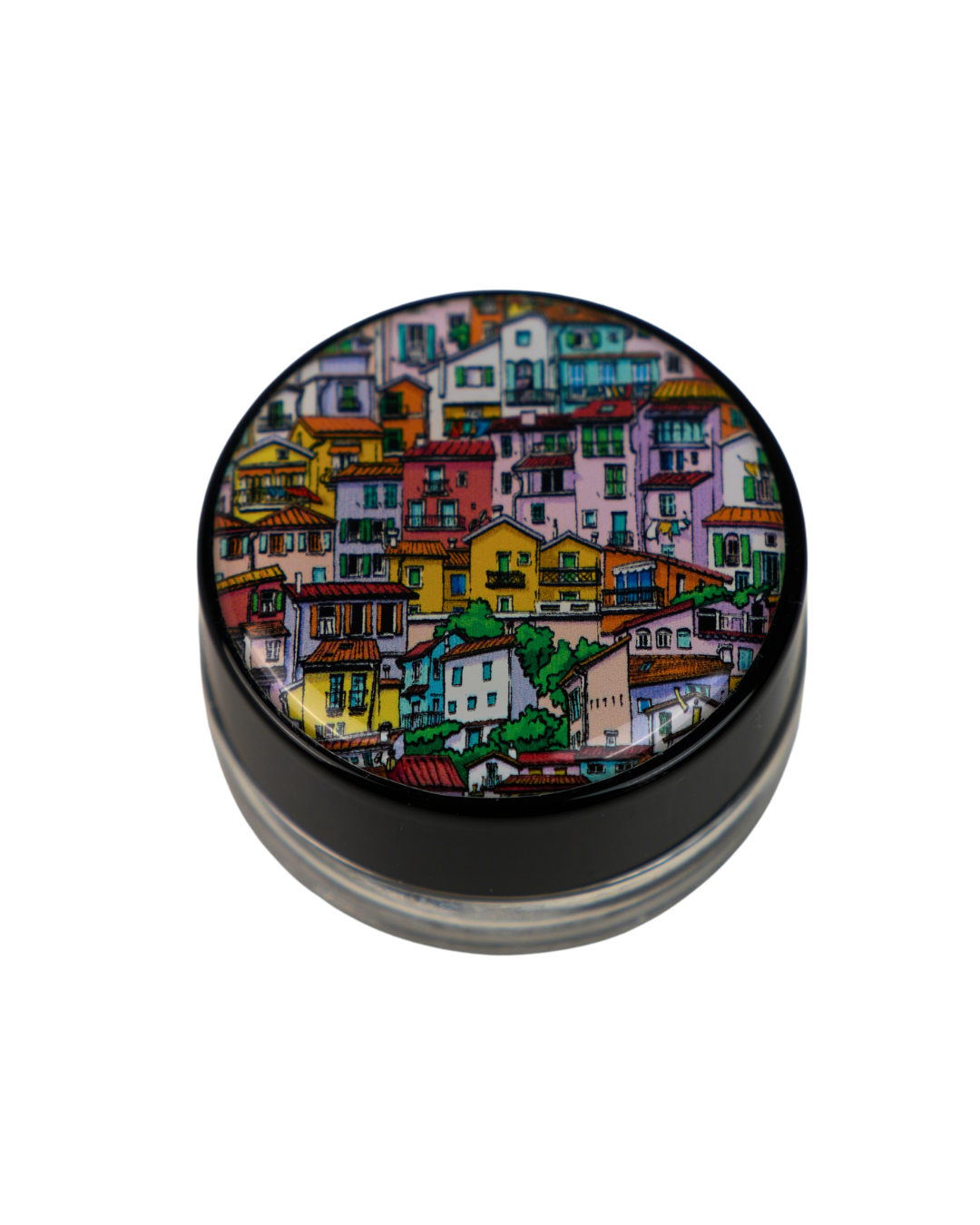Tarro de cristal Beetle Print de 5 ml con base negra y tapa de vinilo holográfico con ilustración de casas coloridas.