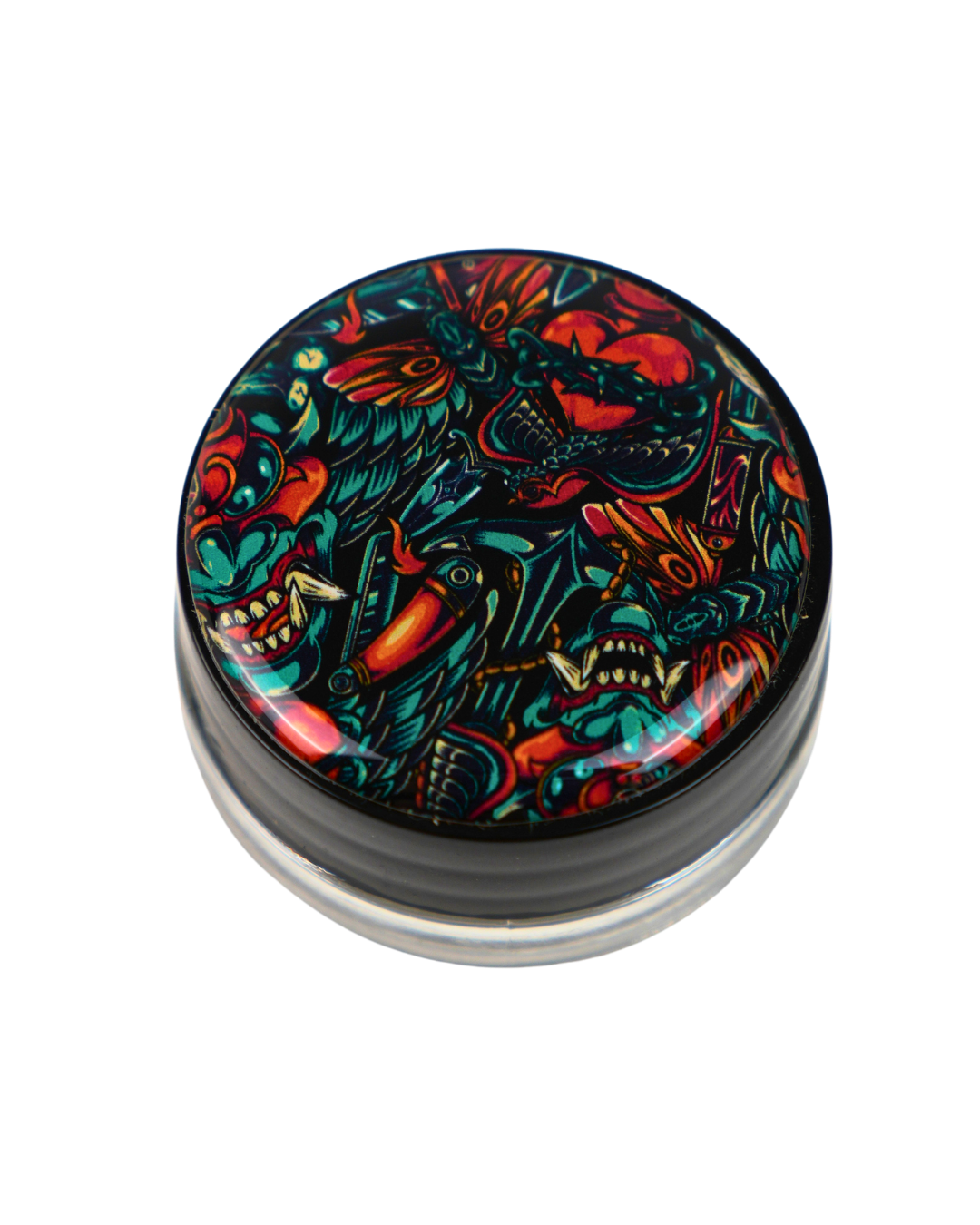 Tarro de cristal Beetle Print de 5 ml con base negra y tapa de vinilo holográfico con ilustraciones de estilo tattoo en tonos oscuros.