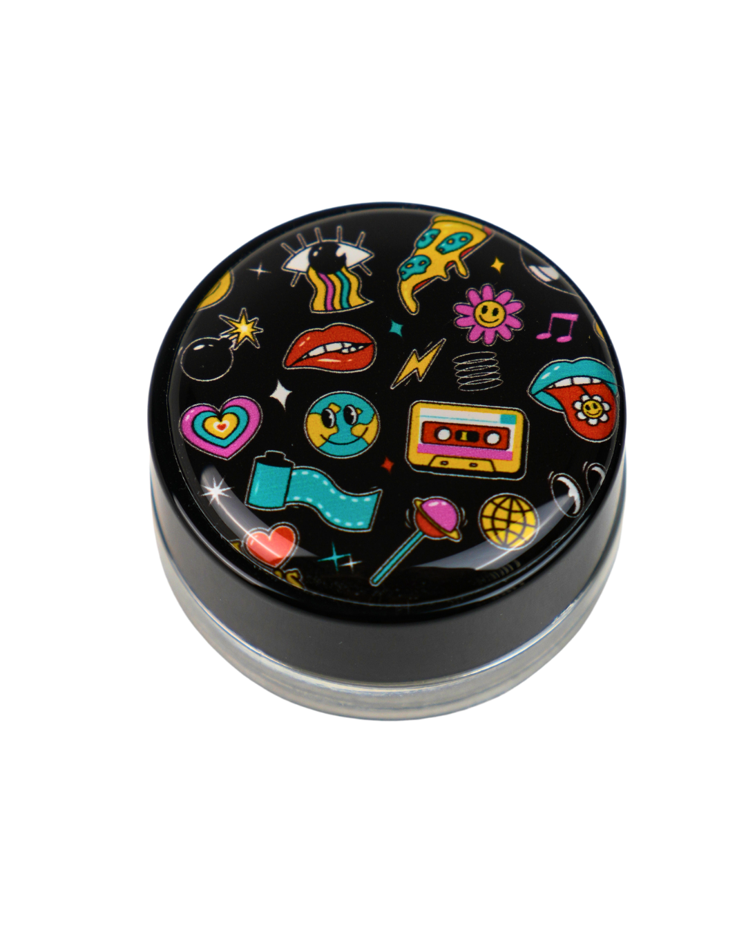Tarro de cristal Beetle Print de 5 ml con base negra y tapa de vinilo holográfico con diseño de emojis y doodles de colores.