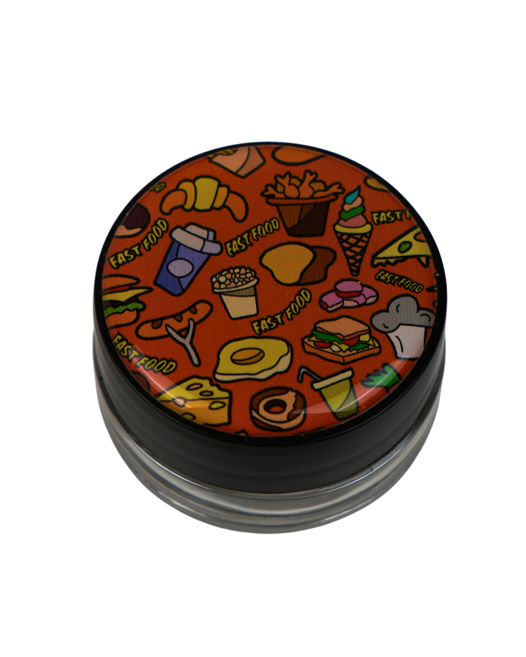 Tarro de cristal Beetle Print de 5 ml con base negra y tapa de vinilo holográfico con diseño de comida rápida y bebidas.