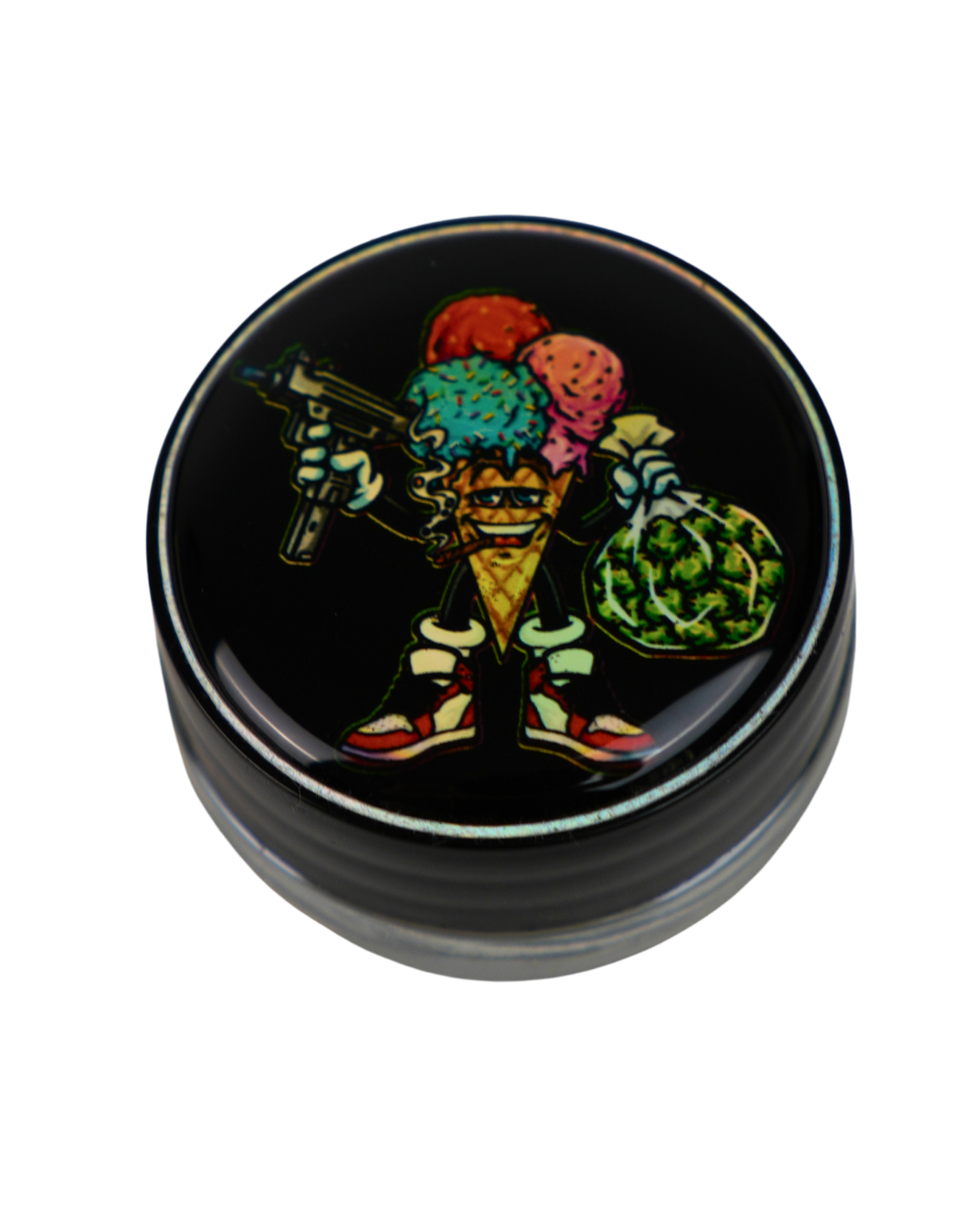 Tarro de cristal Beetle Print de 5 ml con base negra y tapa de vinilo holográfico con personaje de helado estilo gangster.