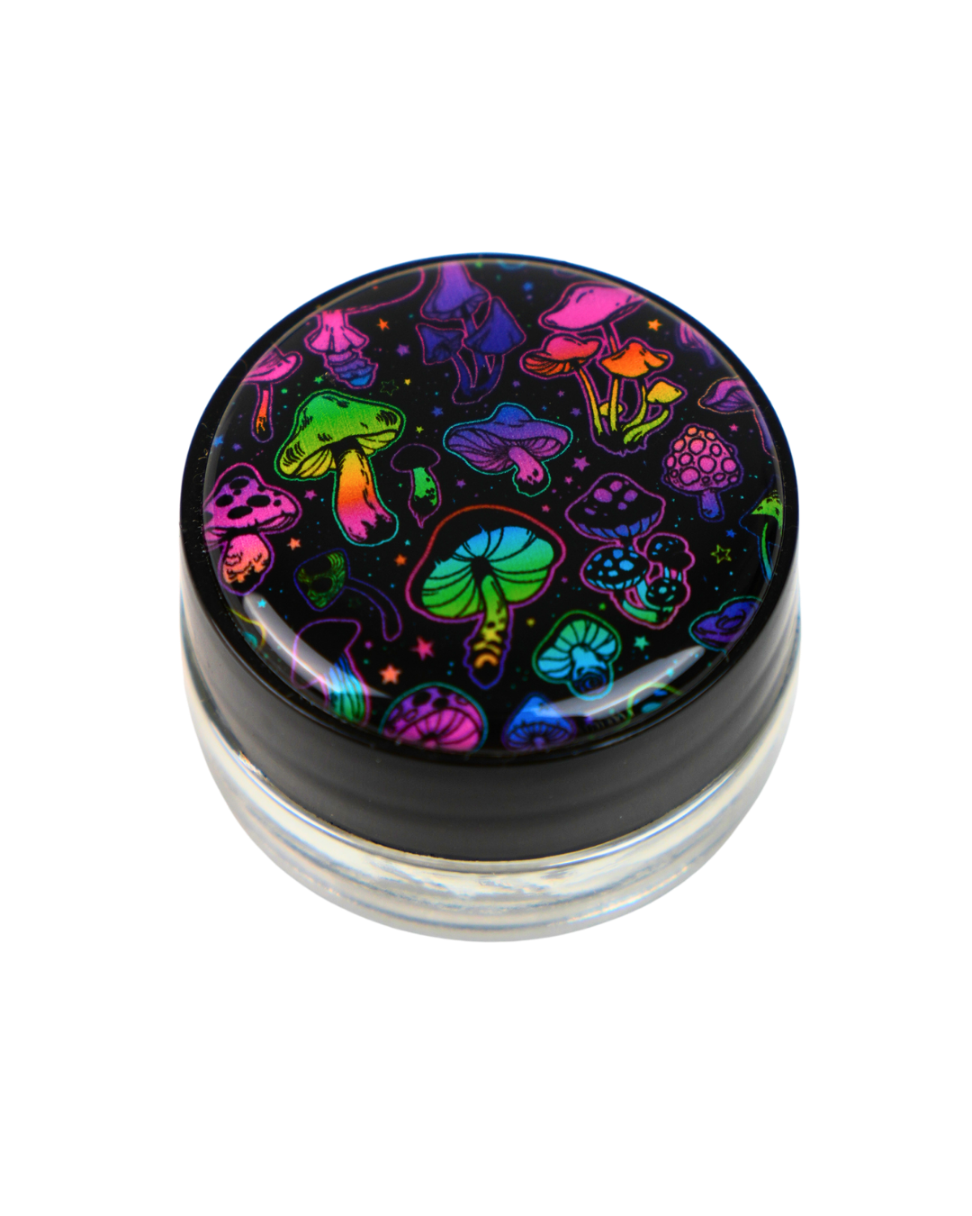 Tarro de cristal Beetle Print de 5 ml con base negra y tapa de vinilo holográfico con ilustraciones de setas de colores.