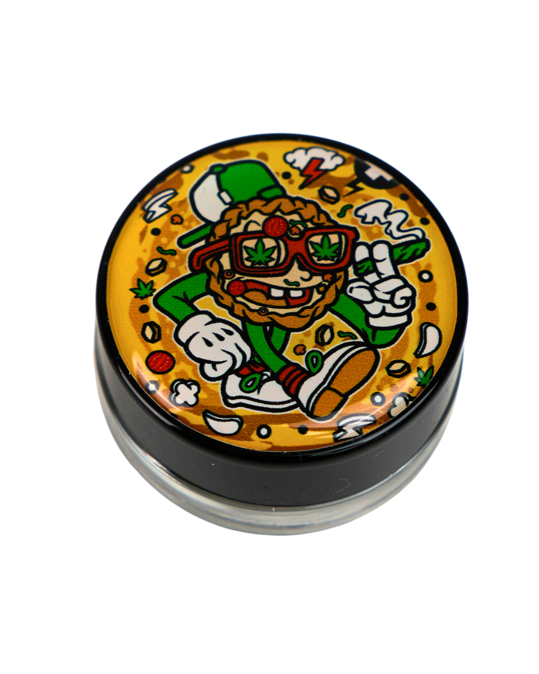 Tarro de cristal Beetle Print de 5 ml con base negra y tapa de vinilo holográfico con personaje cartoon en forma de pizza.