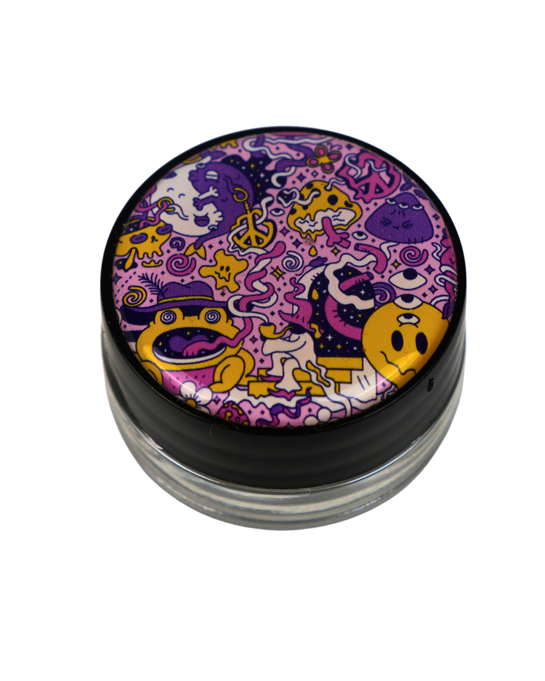Tarro de cristal Beetle Print de 5 ml con base negra y tapa de vinilo holográfico con diseño psicodélico en tonos morados.