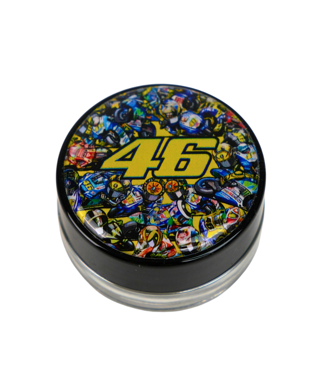 Tarro de cristal Beetle Print de 5 ml con base negra y tapa de vinilo holográfico con diseño inspirado en el número 46 y el motociclismo.