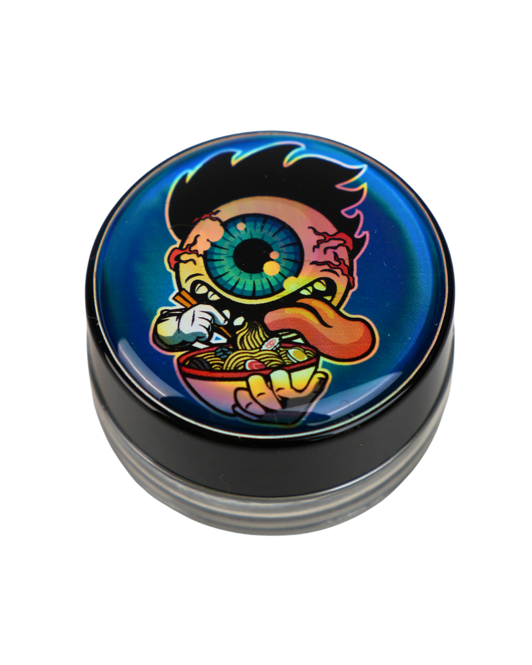 Tarro de cristal Beetle Print de 5 ml con base negra y tapa de vinilo holográfico con ilustración de un monstruo de un ojo comiendo ramen.