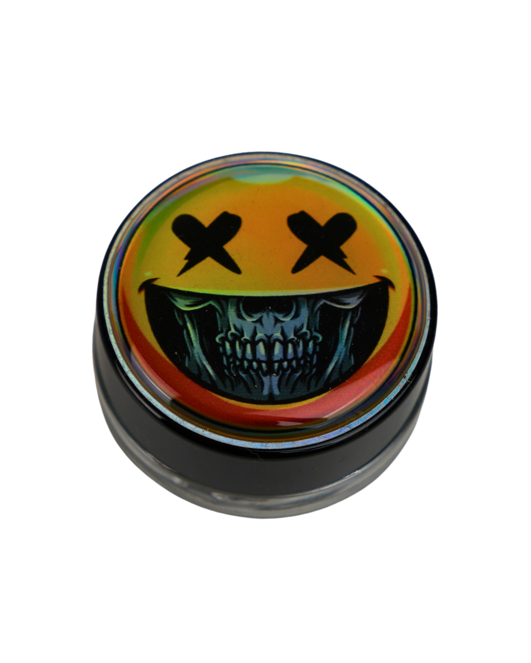 Tarro de cristal Beetle Print de 5 ml con base negra y tapa de vinilo holográfico con cara sonriente y mandíbula de calavera.