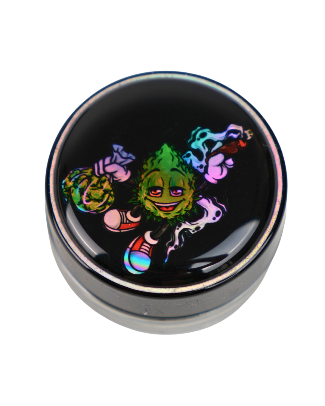 Tarro de cristal Beetle Print de 5 ml con base negra y tapa de vinilo holográfico con personaje animado.