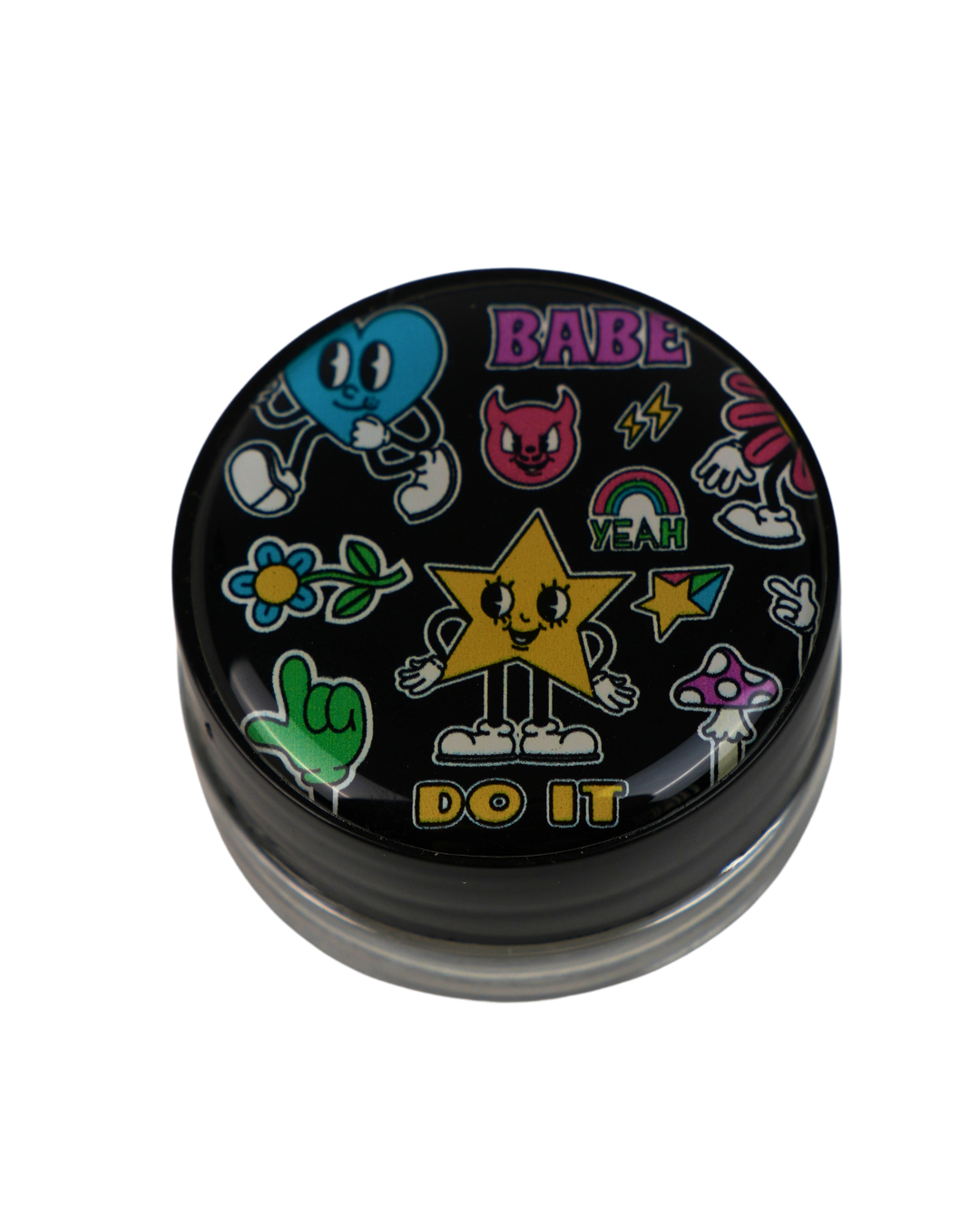 Tarro de cristal Beetle Print de 5 ml con base negra y tapa de vinilo holográfico con diseño de estrellas, corazones y personajes.