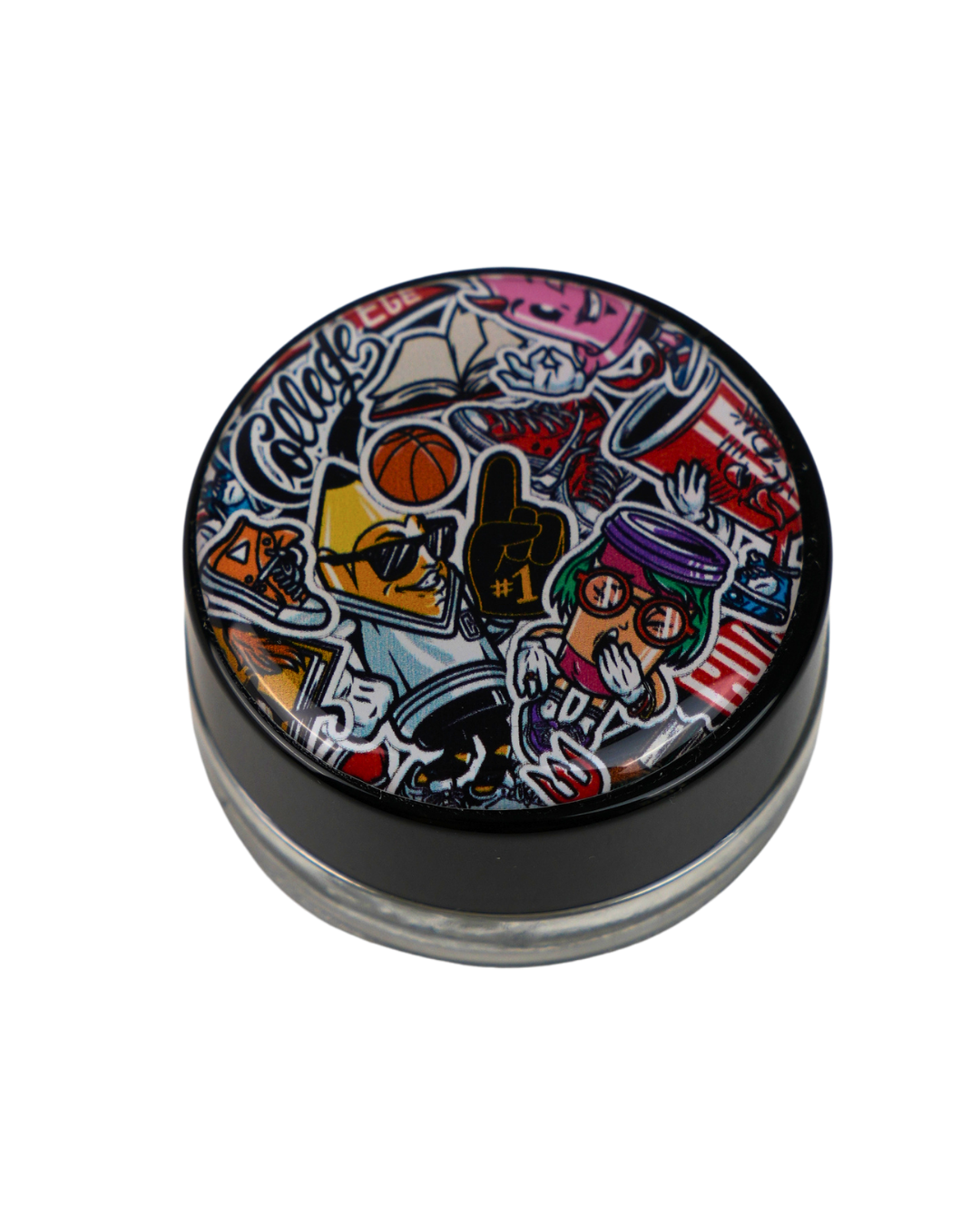Tarro de cristal Beetle Print de 5 ml con base negra y tapa de vinilo holográfico con diseño de stickers urbanos y collage ilustrado.