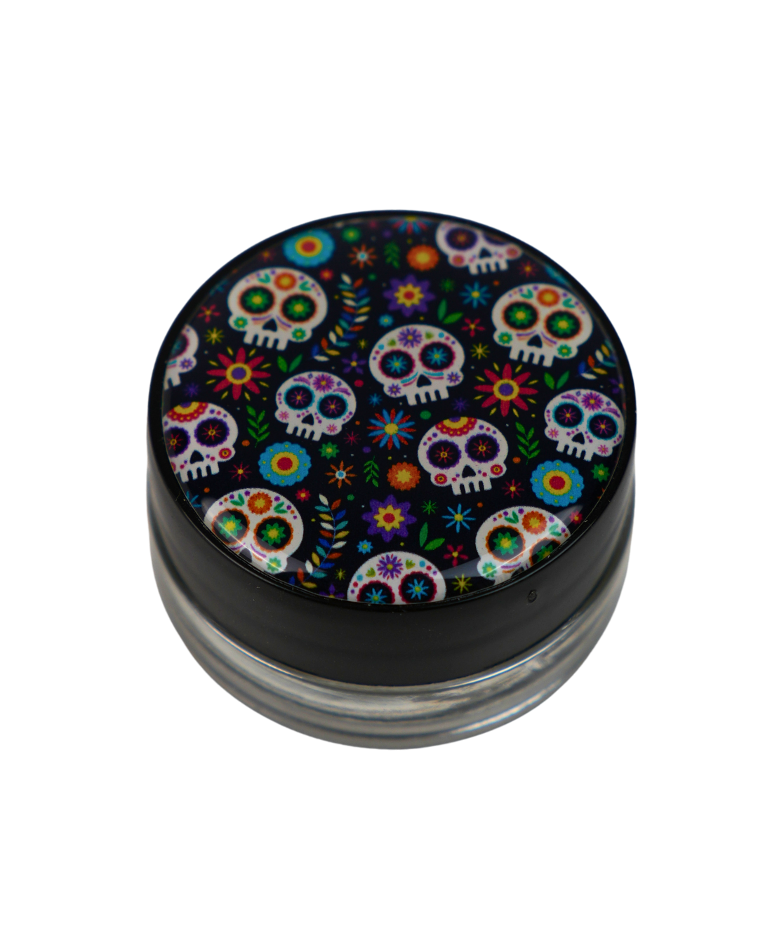 Tarro de cristal Beetle Print de 5 ml con base negra y tapa de vinilo holográfico con diseño de calaveras mexicanas y flores.