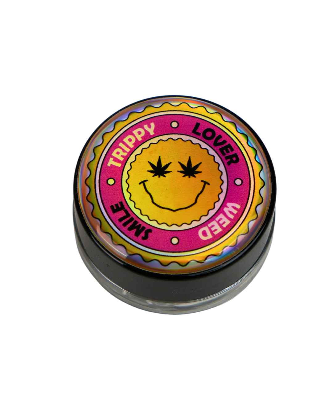Tarro de cristal Beetle Print de 5 ml con base negra y tapa de vinilo holográfico con diseño Trippy Lover y cara sonriente de estilo psicodélico.