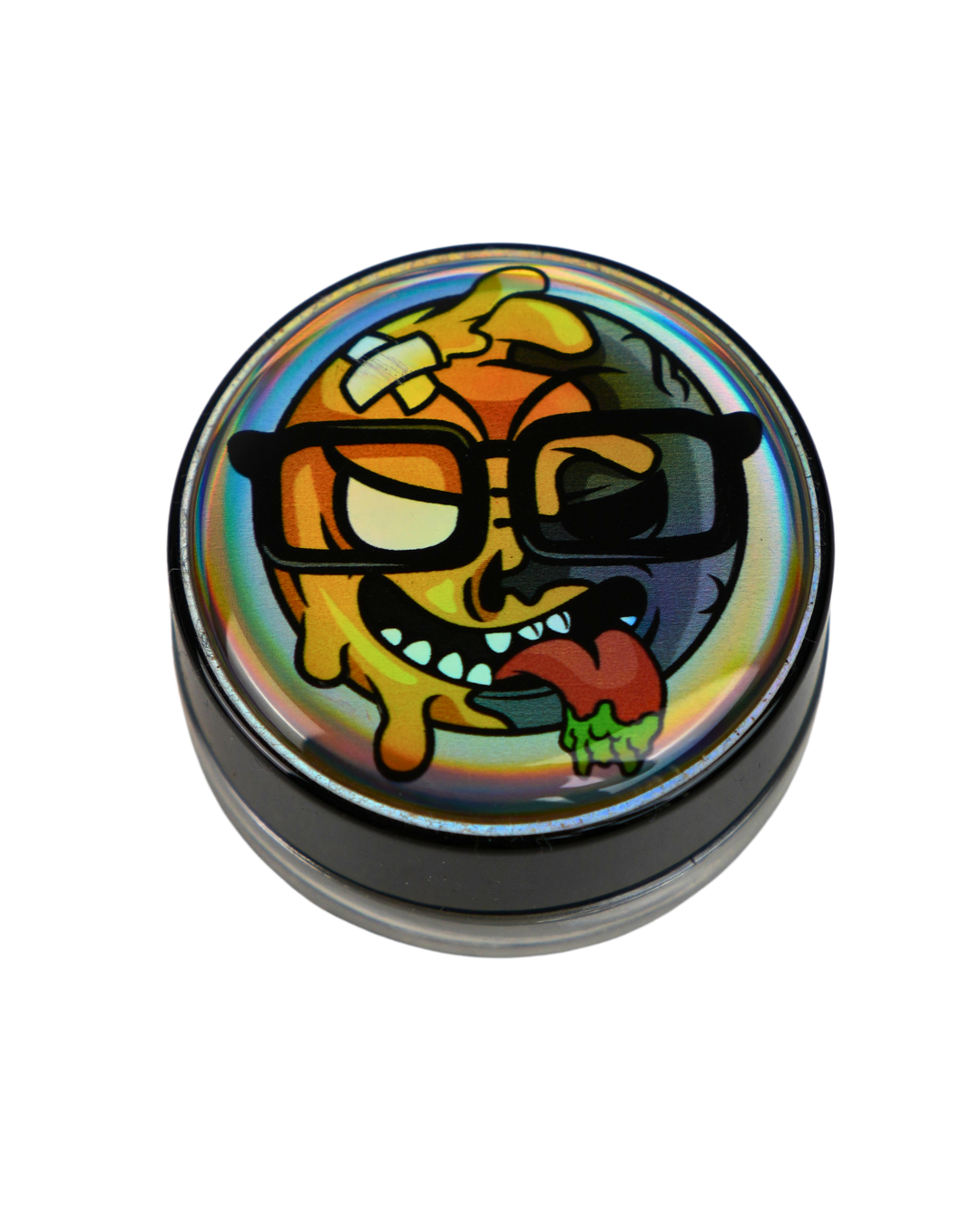 Tarro de cristal Beetle Print de 5 ml con base negra y tapa de vinilo holográfico con una cara zombie caricaturesca con gafas.