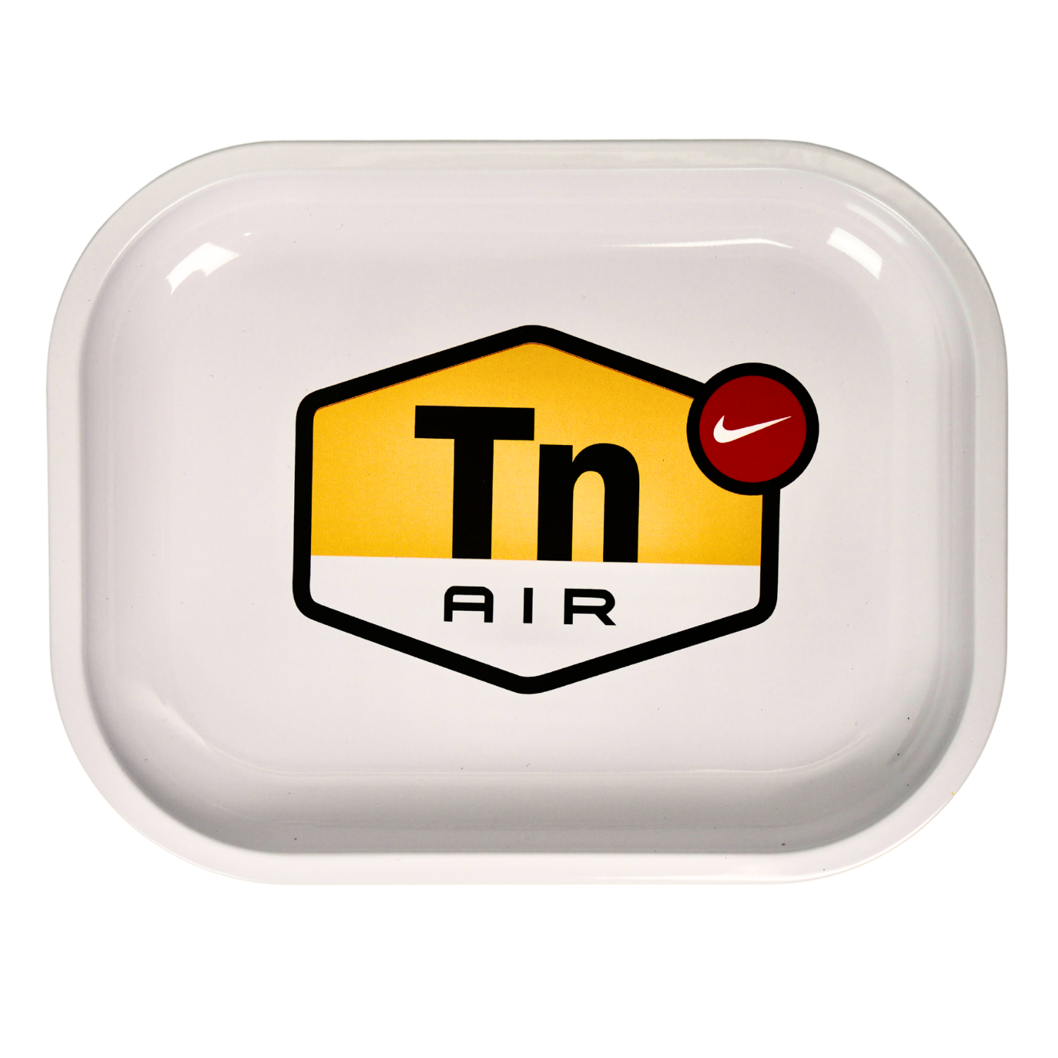 Bandeja metálica Pink Air blanca con diseño gráfico urbano amarillo y rojo
