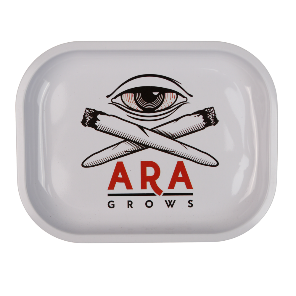 Bandeja metálica blanca ARA GROWS con ilustración de ojo y blunts cruzados en diseño minimalista.