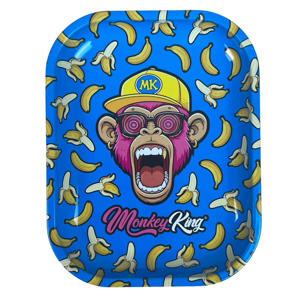 Bandeja metálica Beetle Print Banana Madness con fondo azul, plátanos amarillos y mono rosa con gafas en el centro