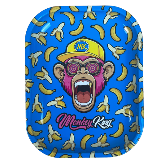 Bandeja metálica Beetle Print Banana Madness con fondo azul, plátanos amarillos y mono rosa con gafas en el centro