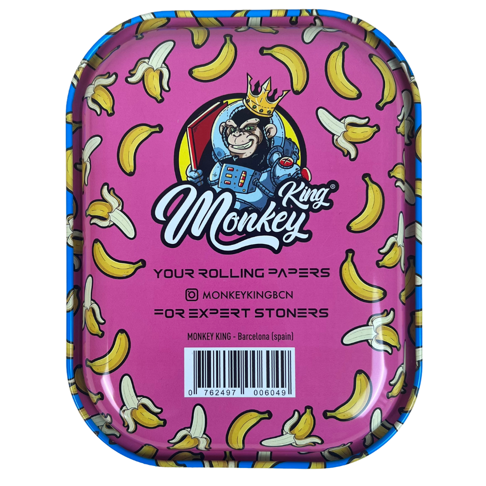 Reverso de la bandeja metálica Beetle Print Banana Madness con diseño decorativo en tonos morados y verdes