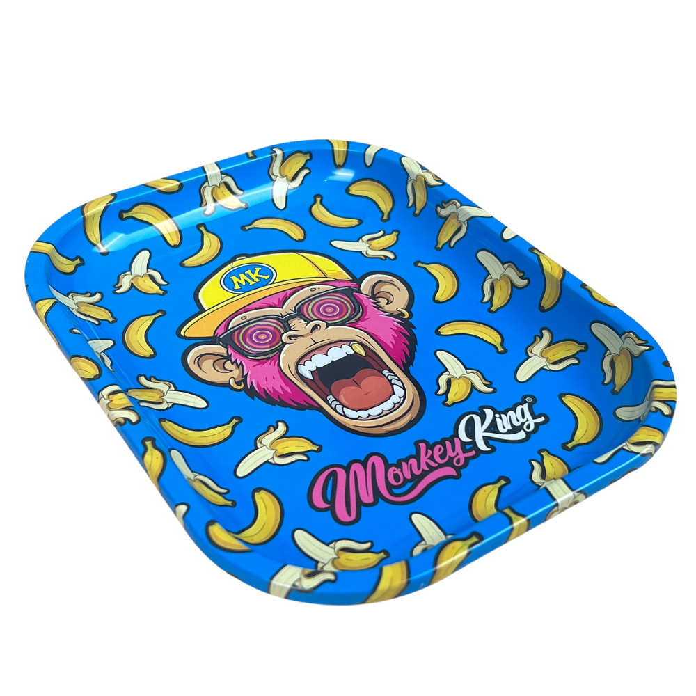 Bandeja metálica Beetle Print Banana Madness mostrada en perspectiva con diseño azul de plátanos y personaje central