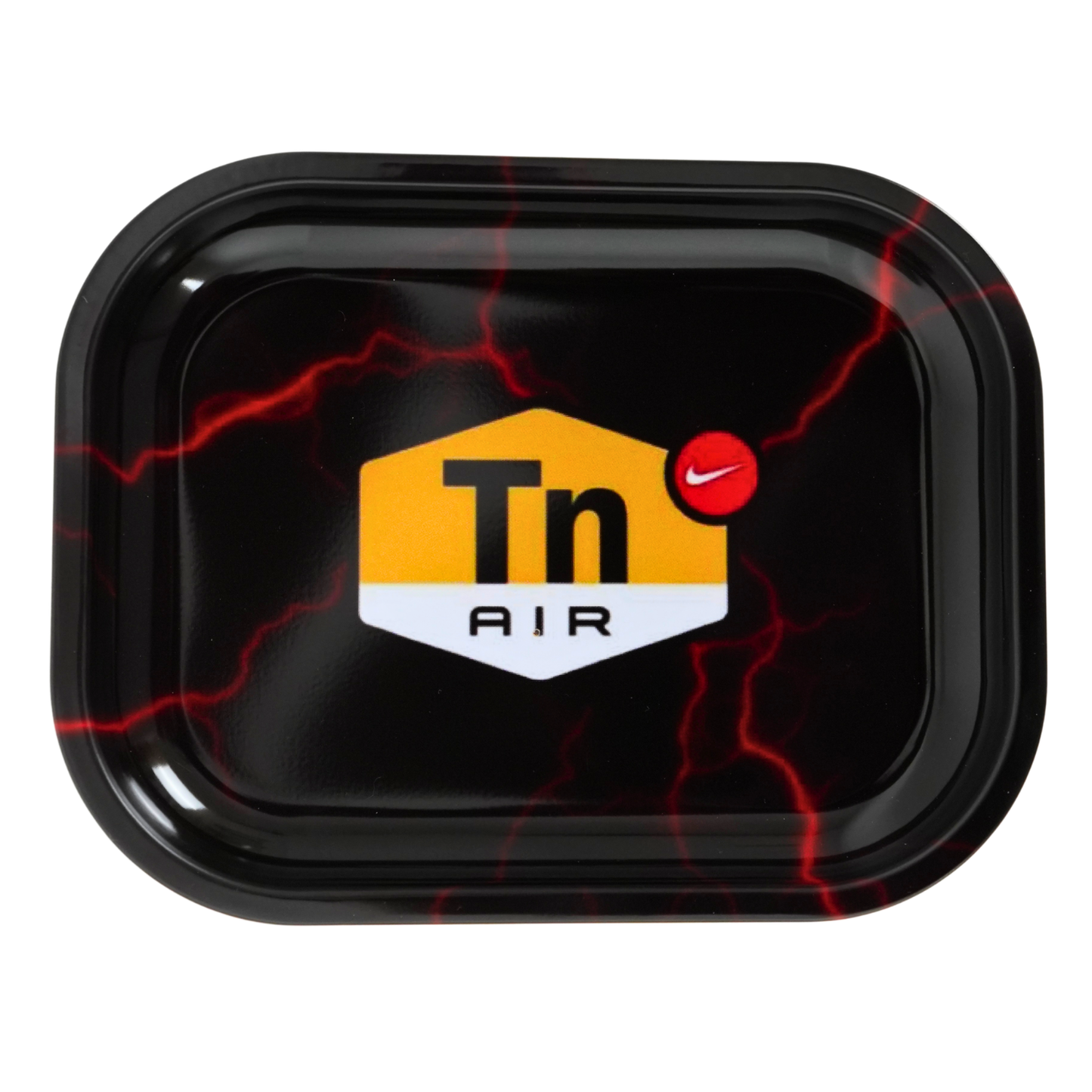 Bandeja metálica Black Thunder negra con diseño de rayos rojos y estilo urbano