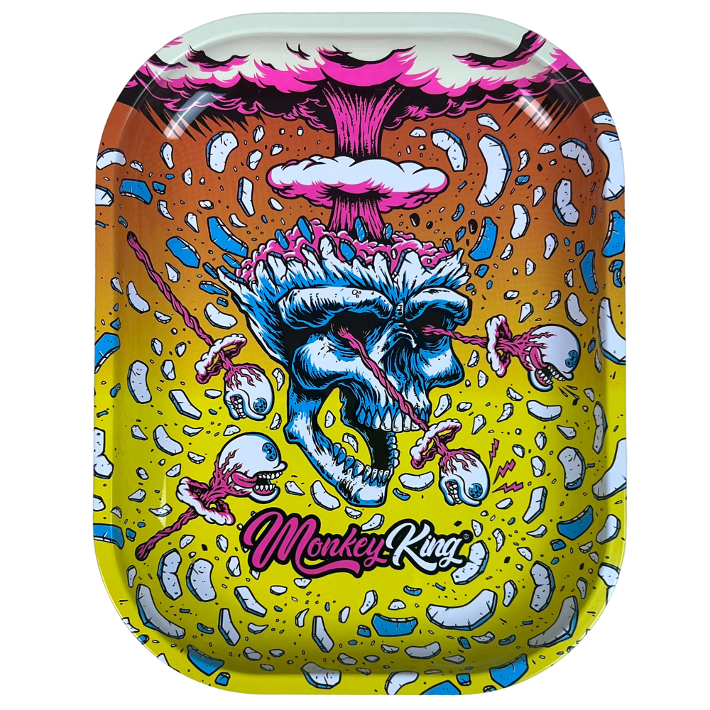 Bandeja metálica Beetle Print Brain Explosion con diseño psicodélico multicolor, cerebro y criatura central sobre fondo azul y amarillo