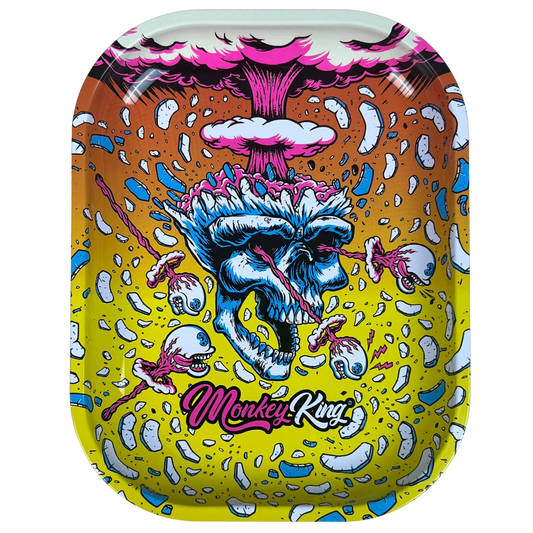 Bandeja metálica Beetle Print Brain Explosion con diseño psicodélico multicolor, cerebro y criatura central sobre fondo azul y amarillo